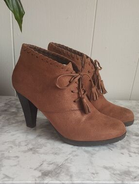 Temptations Suede Tassel Lace-Up Ankle Booties - Cognac Brown